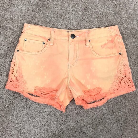 Free People Orange Distressed Shorts with Lace. - Picture 2 of 7